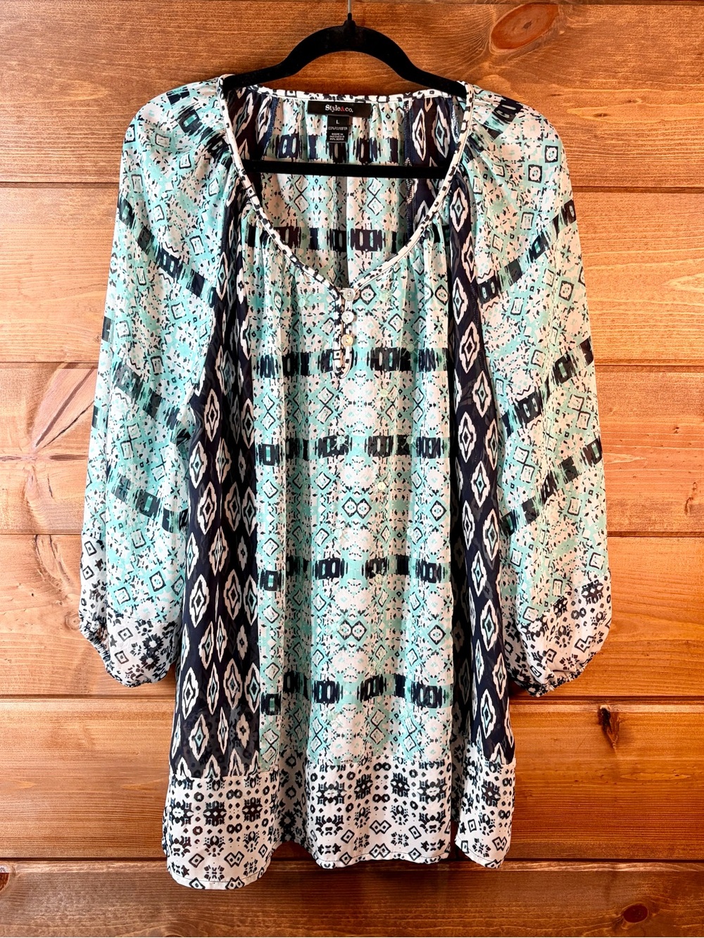 Style & Co. Navy & Aqua Semi Sheer Printed Beaded Tunic Blouse Size Large 💙